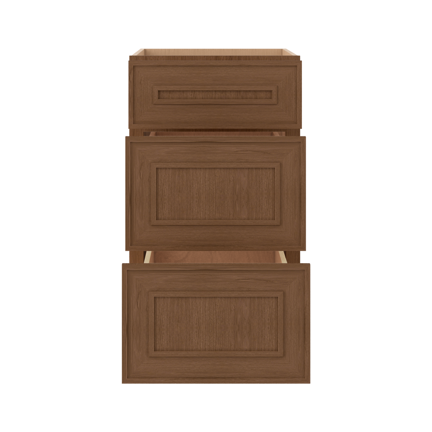 3 Drawer Base 12", 15", 18", 21", 24", 30" & 36" Wide Mocha Elegant Oak Craftsman Shaker 1-1/4" Overlay Base Cabinet