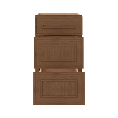 3 Drawer Base 12", 15", 18", 21", 24", 30" & 36" Wide Mocha Elegant Oak Craftsman Shaker 1-1/4" Overlay Base Cabinet