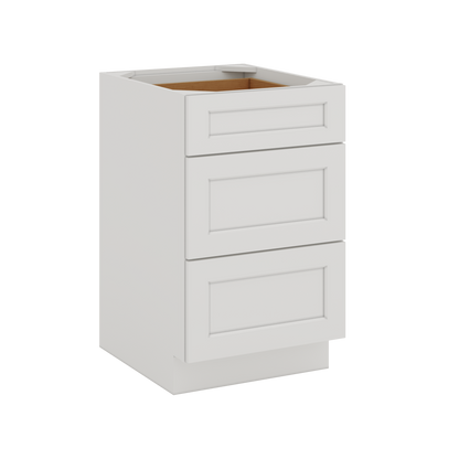 12", 15", 18", 21", 24", 30", 33" & 36" Three Drawer Base Cabinet Wide ICE White Shaker 1-1/4" Overlay CWS/CWB