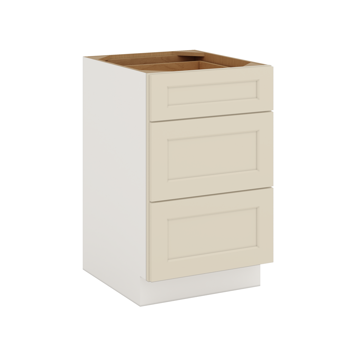 Three Drawer Base Cabinet 12", 15", 18", 21", 24", 27", 30", 33" & 36" Wide Manhattan Cream Shaker 1-1/4" Overlay