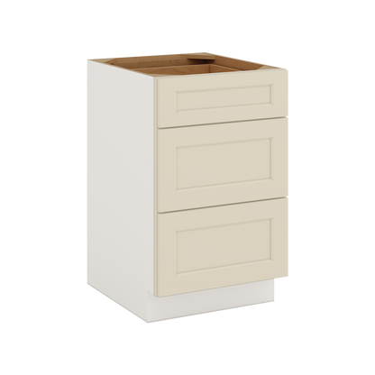 Three Drawer Base Cabinet 12", 15", 18", 21", 24", 27", 30", 33" & 36" Wide Manhattan Cream Shaker 1-1/4" Overlay