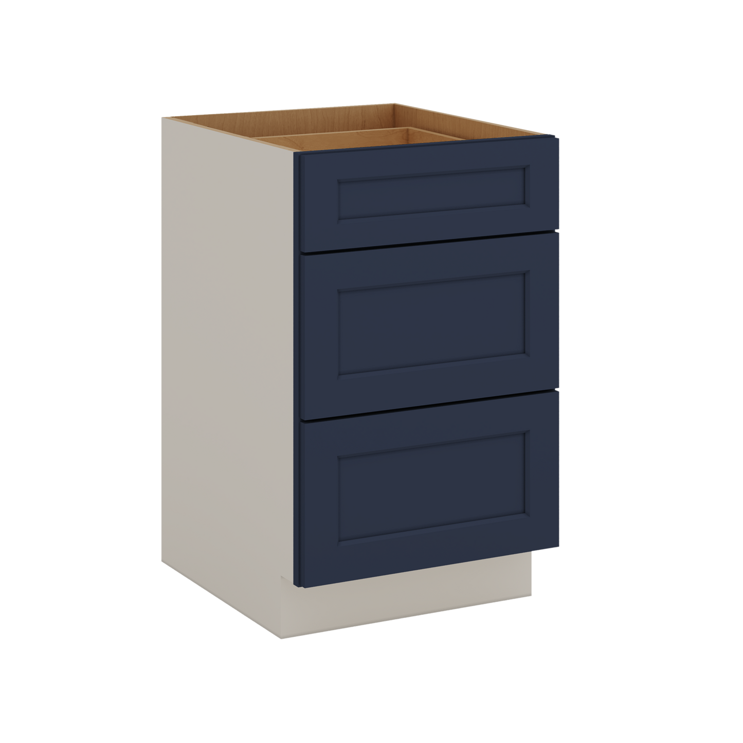 Three Drawer Base Cabinet 12", 15", 18", 21", 24", 30", 33" & 36" Wide NB29 Naval Blue Shaker 1-1/4" Overlay