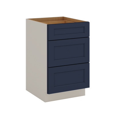 Three Drawer Base Cabinet 12", 15", 18", 21", 24", 30", 33" & 36" Wide NB29 Naval Blue Shaker 1-1/4" Overlay