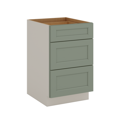 12", 15", 18", 21", 24", 30", 33" & 36" Wide 14SG Sage Green Shaker 1-1/4" Overlay 3 Drawer Base Cabinet