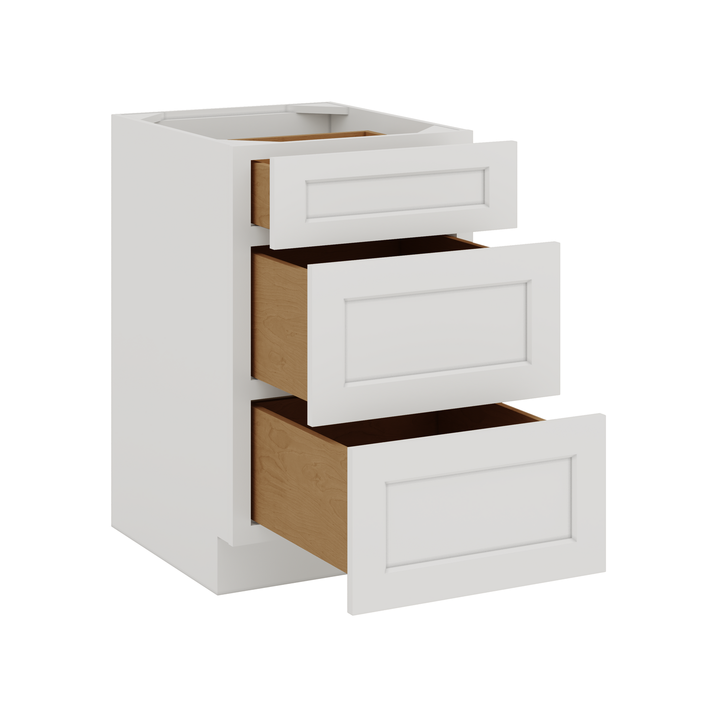 White Double Shaker 1-1/4" Overlay 3 Drawer Base Cabinet 12", 15", 18", 21", 24", 30", 33" & 36" Wide