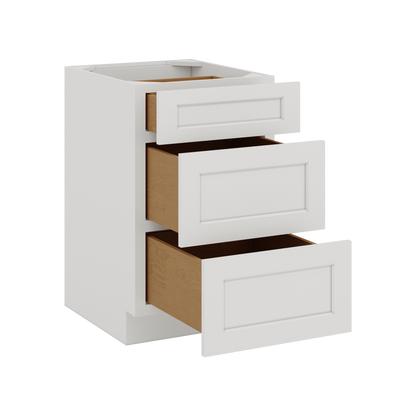 White Double Shaker 1-1/4" Overlay 3 Drawer Base Cabinet 12", 15", 18", 21", 24", 30", 33" & 36" Wide