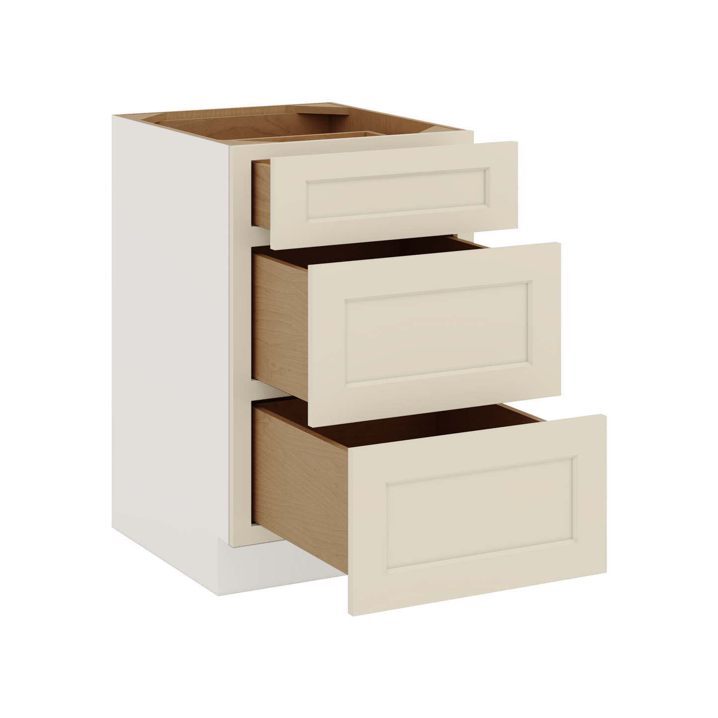 Three Drawer Base Cabinet 12", 15", 18", 21", 24", 27", 30", 33" & 36" Wide Manhattan Cream Shaker 1-1/4" Overlay