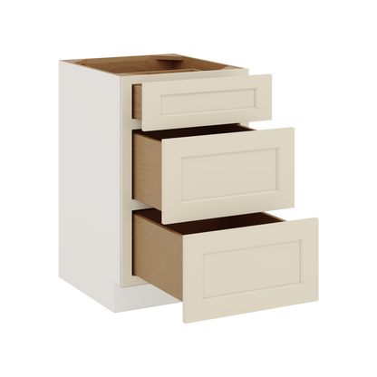 Three Drawer Base Cabinet 12", 15", 18", 21", 24", 27", 30", 33" & 36" Wide Manhattan Cream Shaker 1-1/4" Overlay