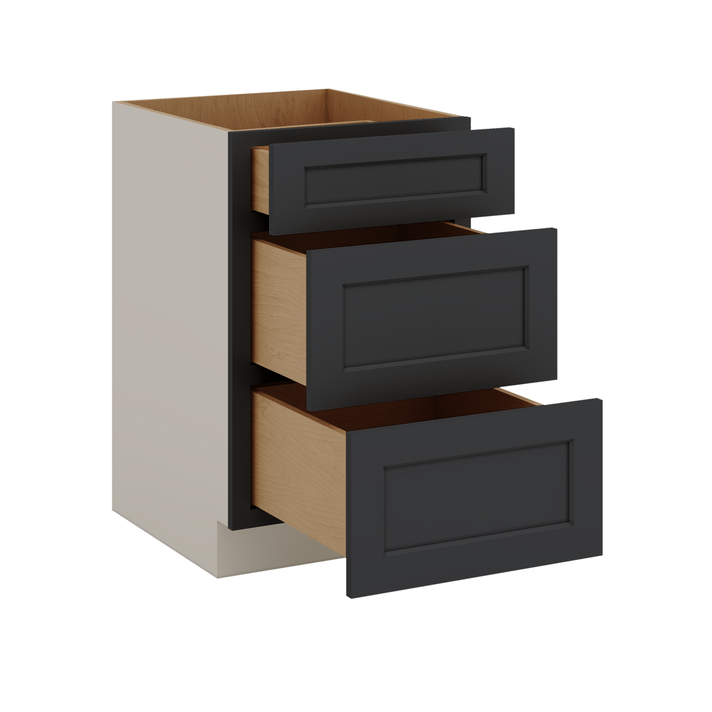 Three Drawer Base Cabinet 12", 15", 18", 21", 24", 30", 33" & 36" Wide 15HNS Hermosa Noir Black Shaker 1-1/4" Overlay
