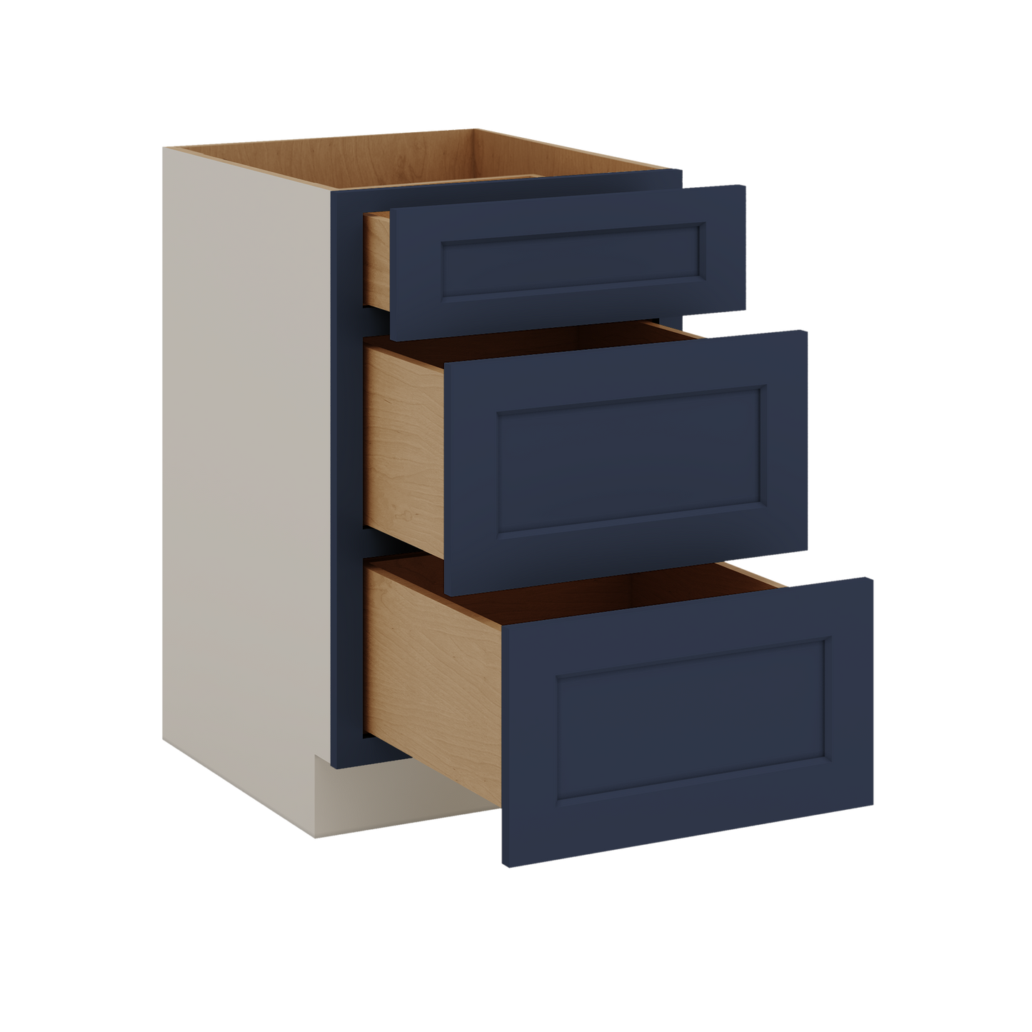Three Drawer Base Cabinet 12", 15", 18", 21", 24", 30", 33" & 36" Wide NB29 Naval Blue Shaker 1-1/4" Overlay