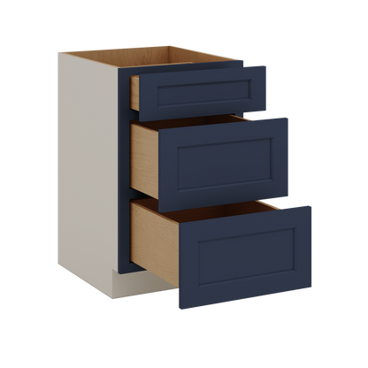 Three Drawer Base Cabinet 12", 15", 18", 21", 24", 30", 33" & 36" Wide NB29 Naval Blue Shaker 1-1/4" Overlay