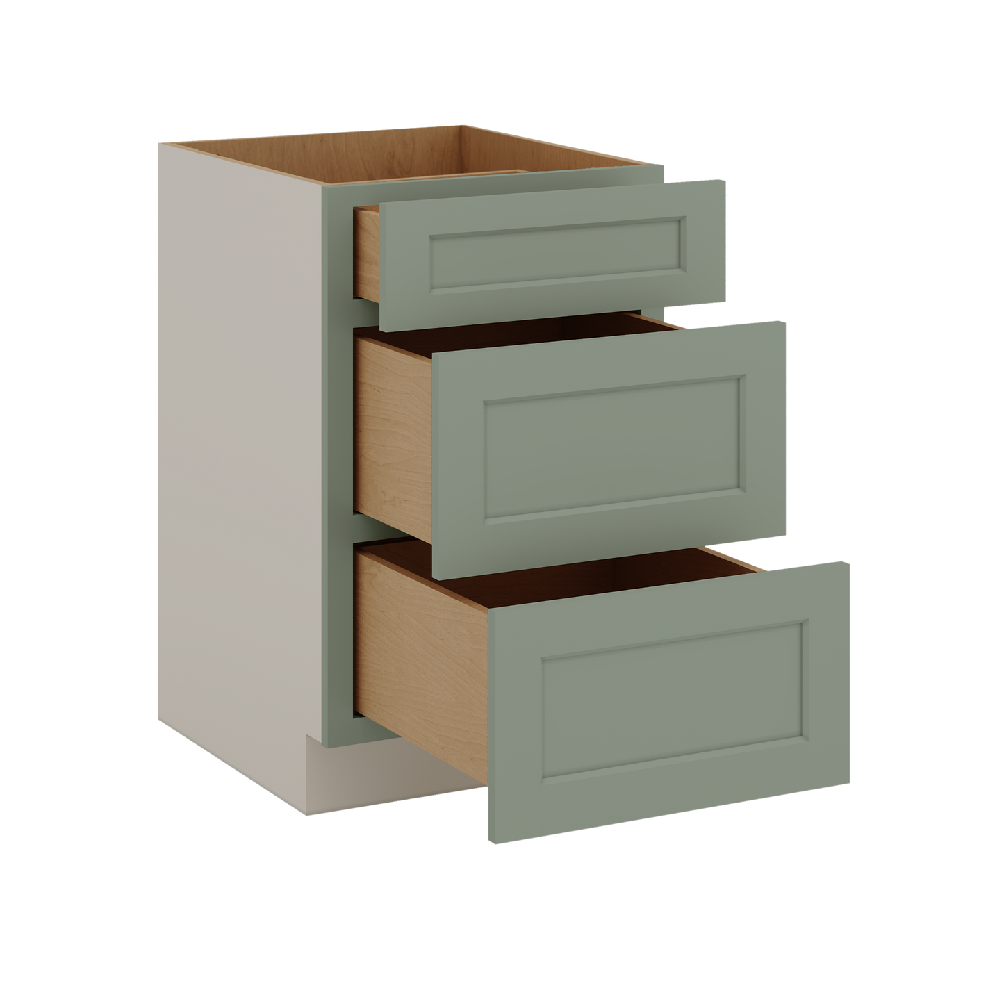 12", 15", 18", 21", 24", 30", 33" & 36" Wide 14SG Sage Green Shaker 1-1/4" Overlay 3 Drawer Base Cabinet
