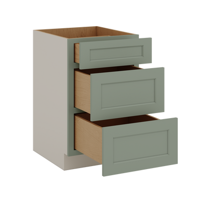 12", 15", 18", 21", 24", 30", 33" & 36" Wide 14SG Sage Green Shaker 1-1/4" Overlay 3 Drawer Base Cabinet