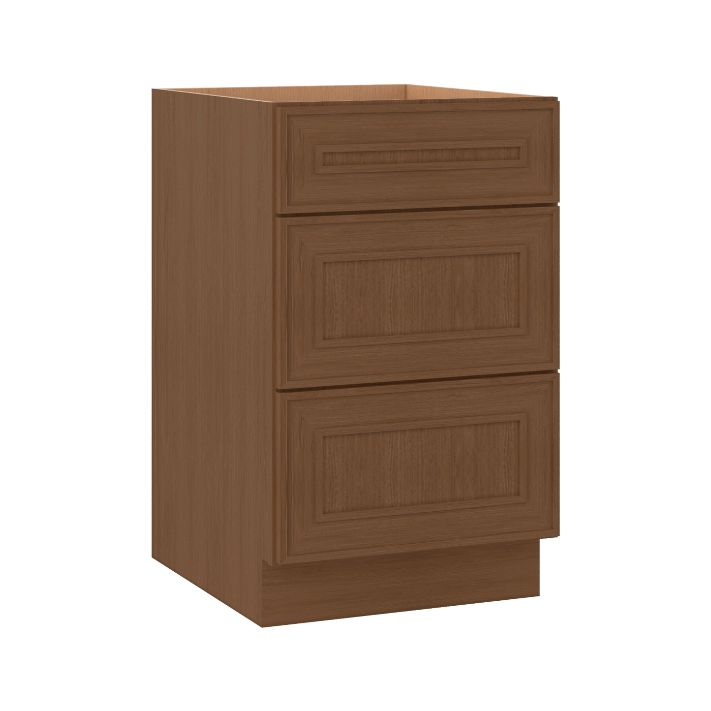 3 Drawer Base 12", 15", 18", 21", 24", 30" & 36" Wide Mocha Elegant Oak Craftsman Shaker 1-1/4" Overlay Base Cabinet