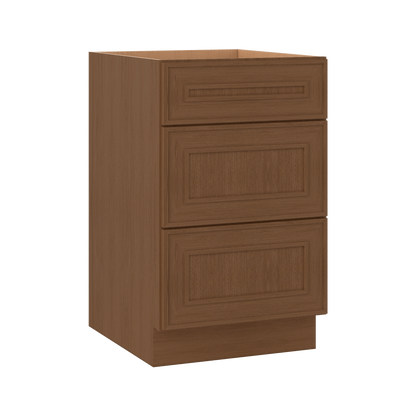 3 Drawer Base 12", 15", 18", 21", 24", 30" & 36" Wide Mocha Elegant Oak Craftsman Shaker 1-1/4" Overlay Base Cabinet