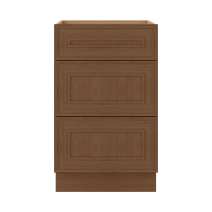 3 Drawer Base 12", 15", 18", 21", 24", 30" & 36" Wide Mocha Elegant Oak Craftsman Shaker 1-1/4" Overlay Base Cabinet