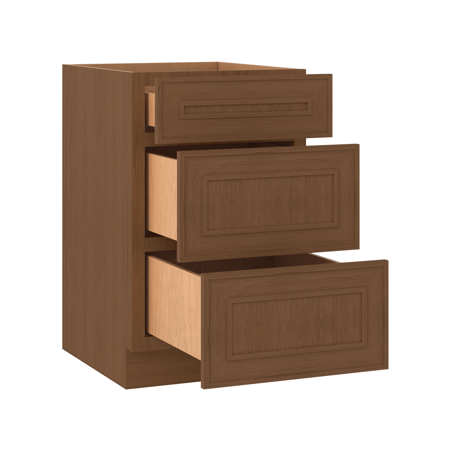 3 Drawer Base 12", 15", 18", 21", 24", 30" & 36" Wide Mocha Elegant Oak Craftsman Shaker 1-1/4" Overlay Base Cabinet