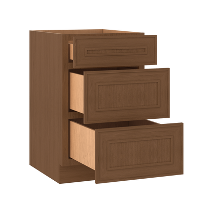 3 Drawer Base 12", 15", 18", 21", 24", 30" & 36" Wide Mocha Elegant Oak Craftsman Shaker 1-1/4" Overlay Base Cabinet