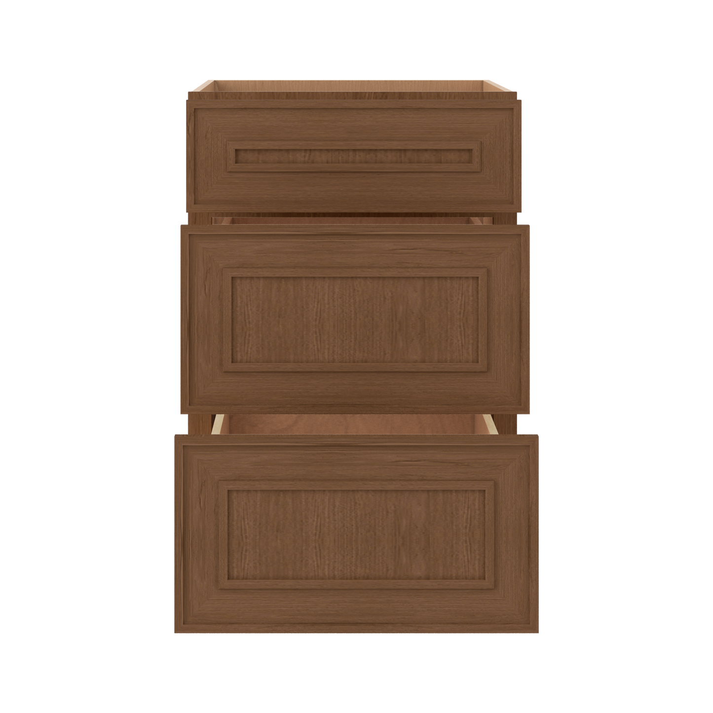 3 Drawer Base 12", 15", 18", 21", 24", 30" & 36" Wide Mocha Elegant Oak Craftsman Shaker 1-1/4" Overlay Base Cabinet