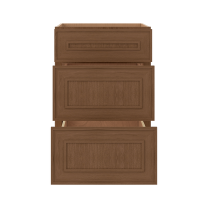 3 Drawer Base 12", 15", 18", 21", 24", 30" & 36" Wide Mocha Elegant Oak Craftsman Shaker 1-1/4" Overlay Base Cabinet