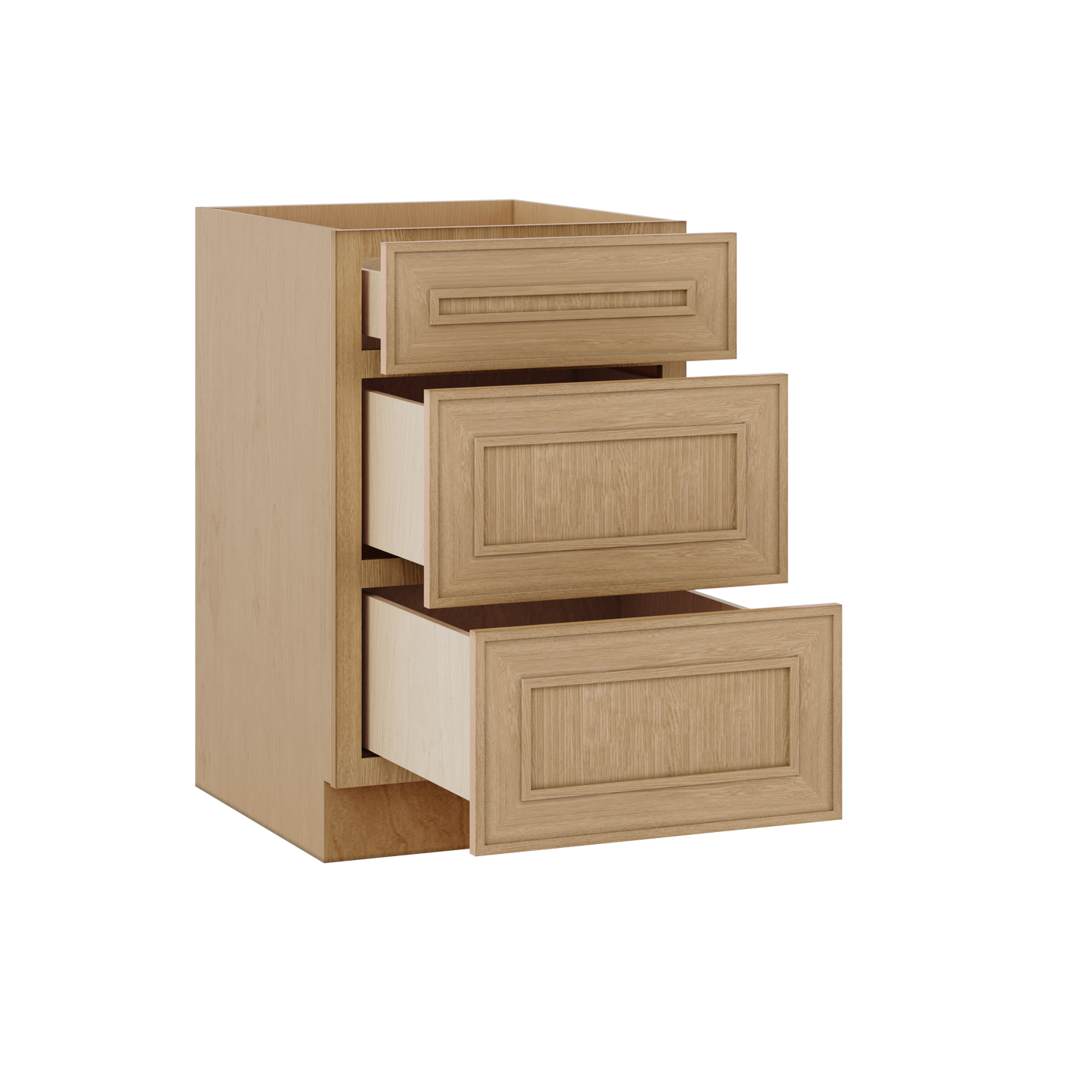 3 Drawer Base 12", 15", 18", 21", 24" & 30" Wide Elegant Oak Craftsman Shaker 1-1/4" Overlay Base Cabinet