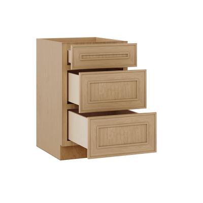 3 Drawer Base 12", 15", 18", 21", 24" & 30" Wide Elegant Oak Craftsman Shaker 1-1/4" Overlay Base Cabinet