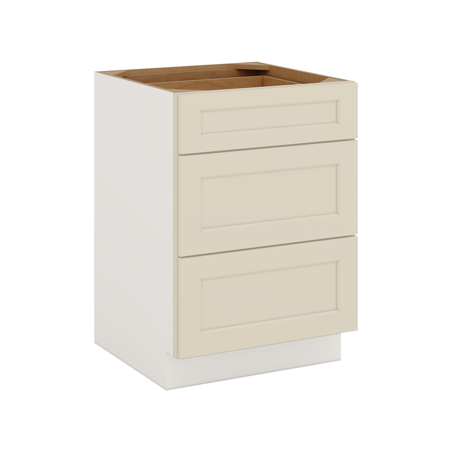Three Drawer Base Cabinet 12", 15", 18", 21", 24", 27", 30", 33" & 36" Wide Manhattan Cream Shaker 1-1/4" Overlay