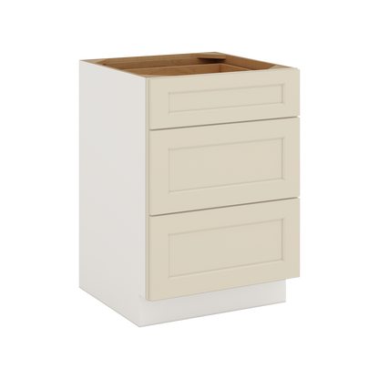 Three Drawer Base Cabinet 12", 15", 18", 21", 24", 27", 30", 33" & 36" Wide Manhattan Cream Shaker 1-1/4" Overlay