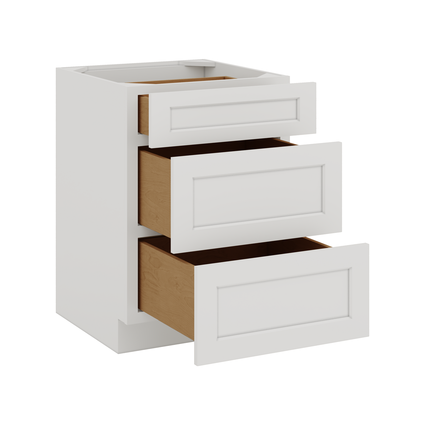 White Double Shaker 1-1/4" Overlay 3 Drawer Base Cabinet 12", 15", 18", 21", 24", 30", 33" & 36" Wide