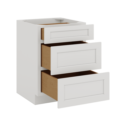 White Double Shaker 1-1/4" Overlay 3 Drawer Base Cabinet 12", 15", 18", 21", 24", 30", 33" & 36" Wide