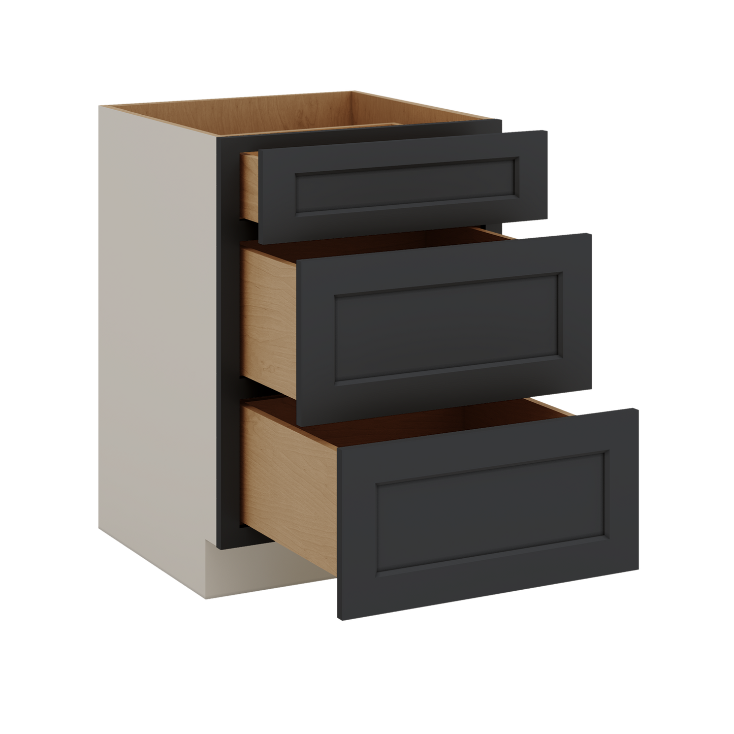 Three Drawer Base Cabinet 12", 15", 18", 21", 24", 30", 33" & 36" Wide 15HNS Hermosa Noir Black Shaker 1-1/4" Overlay