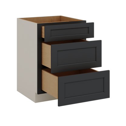 Three Drawer Base Cabinet 12", 15", 18", 21", 24", 30", 33" & 36" Wide 15HNS Hermosa Noir Black Shaker 1-1/4" Overlay