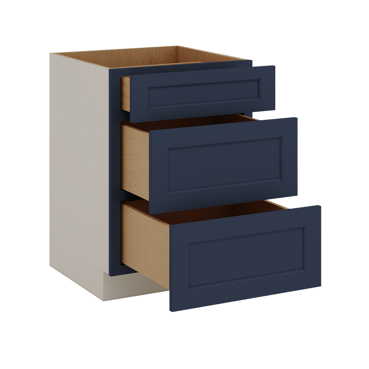 Three Drawer Base Cabinet 12", 15", 18", 21", 24", 30", 33" & 36" Wide NB29 Naval Blue Shaker 1-1/4" Overlay