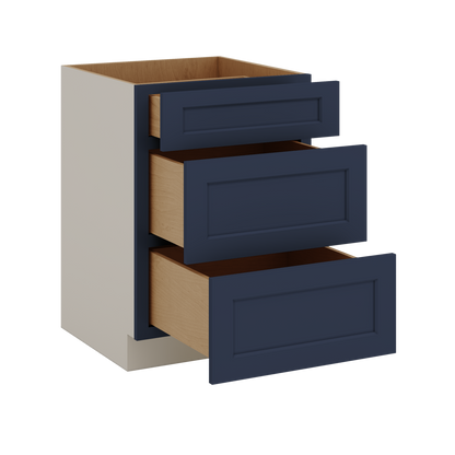 Three Drawer Base Cabinet 12", 15", 18", 21", 24", 30", 33" & 36" Wide NB29 Naval Blue Shaker 1-1/4" Overlay