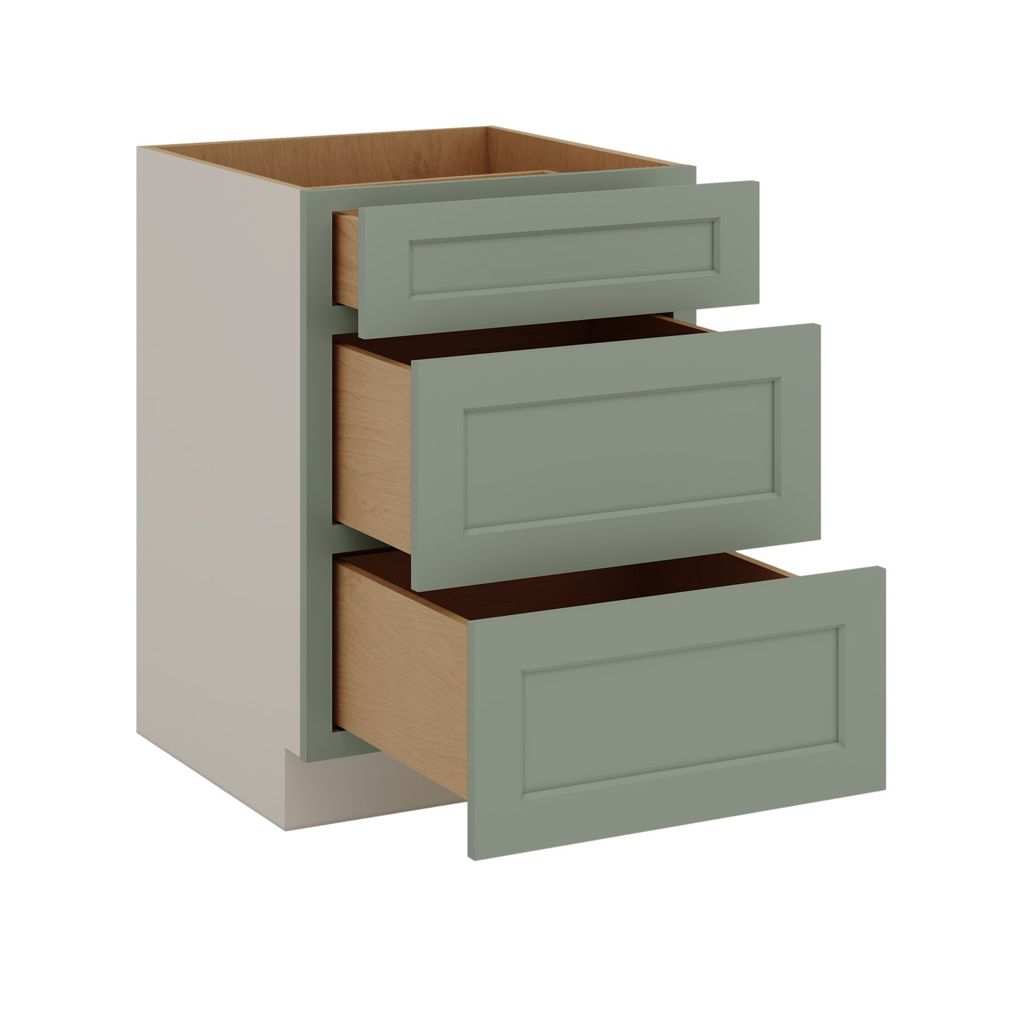 12", 15", 18", 21", 24", 30", 33" & 36" Wide 14SG Sage Green Shaker 1-1/4" Overlay 3 Drawer Base Cabinet
