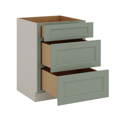 12", 15", 18", 21", 24", 30", 33" & 36" Wide 14SG Sage Green Shaker 1-1/4" Overlay 3 Drawer Base Cabinet
