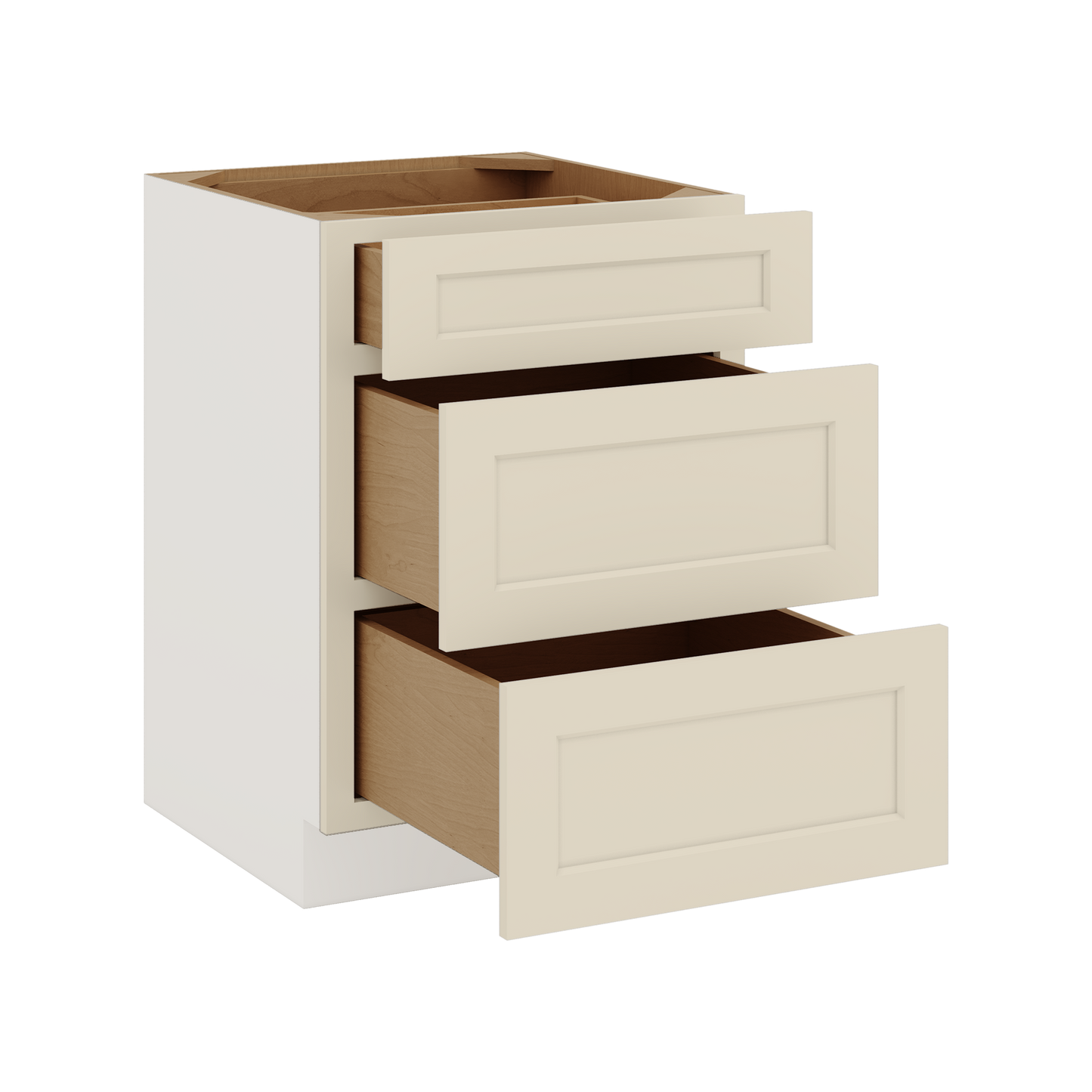 Three Drawer Base Cabinet 12", 15", 18", 21", 24", 27", 30", 33" & 36" Wide Manhattan Cream Shaker 1-1/4" Overlay