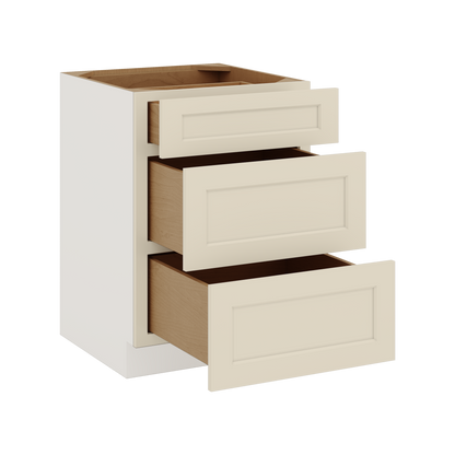 Three Drawer Base Cabinet 12", 15", 18", 21", 24", 27", 30", 33" & 36" Wide Manhattan Cream Shaker 1-1/4" Overlay