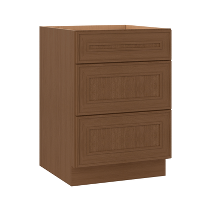 3 Drawer Base 12", 15", 18", 21", 24", 30" & 36" Wide Mocha Elegant Oak Craftsman Shaker 1-1/4" Overlay Base Cabinet