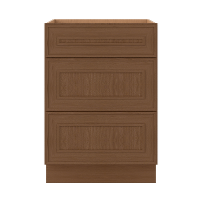 3 Drawer Base 12", 15", 18", 21", 24", 30" & 36" Wide Mocha Elegant Oak Craftsman Shaker 1-1/4" Overlay Base Cabinet