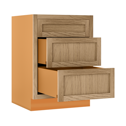 Custom Oak 3 Drawer Base Cabinet - 12"–36" wide