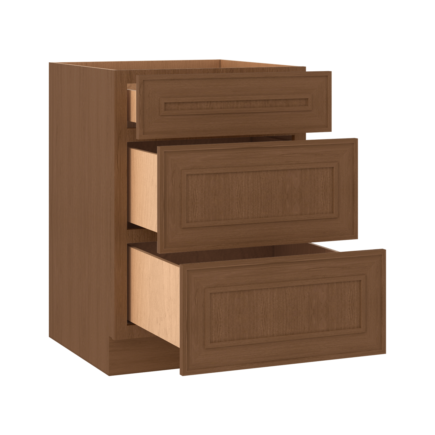 3 Drawer Base 12", 15", 18", 21", 24", 30" & 36" Wide Mocha Elegant Oak Craftsman Shaker 1-1/4" Overlay Base Cabinet