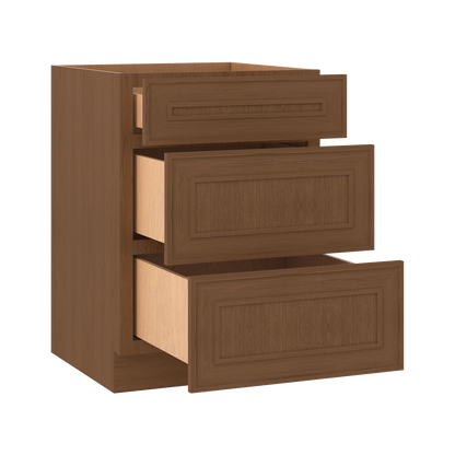 3 Drawer Base 12", 15", 18", 21", 24", 30" & 36" Wide Mocha Elegant Oak Craftsman Shaker 1-1/4" Overlay Base Cabinet