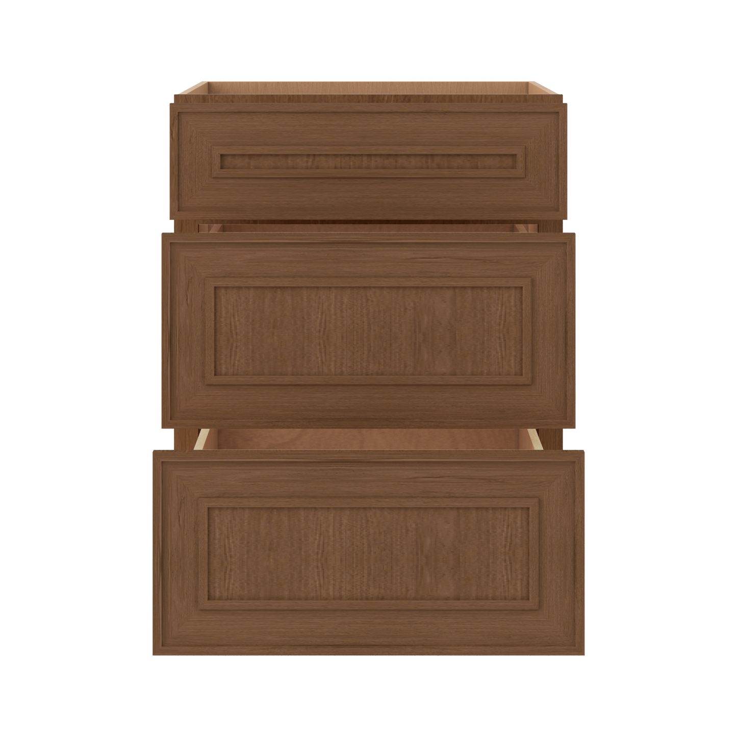 3 Drawer Base 12", 15", 18", 21", 24", 30" & 36" Wide Mocha Elegant Oak Craftsman Shaker 1-1/4" Overlay Base Cabinet