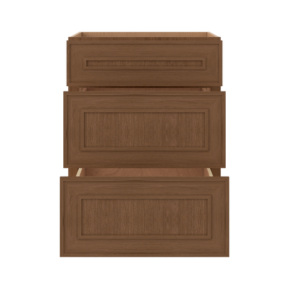 3 Drawer Base 12", 15", 18", 21", 24", 30" & 36" Wide Mocha Elegant Oak Craftsman Shaker 1-1/4" Overlay Base Cabinet
