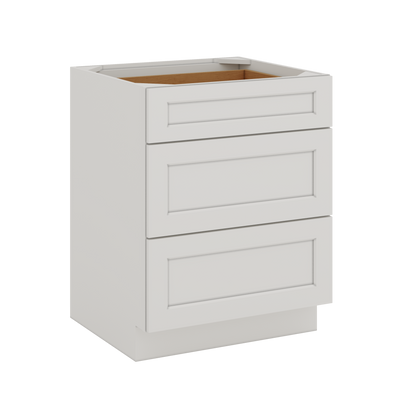 12", 15", 18", 21", 24", 30", 33" & 36" Three Drawer Base Cabinet Wide ICE White Shaker 1-1/4" Overlay CWS/CWB