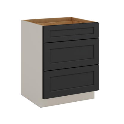 Three Drawer Base Cabinet 12", 15", 18", 21", 24", 30", 33" & 36" Wide 15HNS Hermosa Noir Black Shaker 1-1/4" Overlay