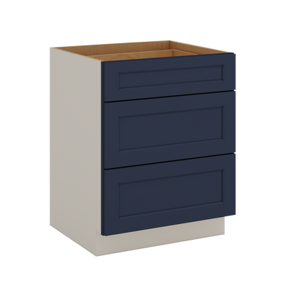 Three Drawer Base Cabinet 12", 15", 18", 21", 24", 30", 33" & 36" Wide NB29 Naval Blue Shaker 1-1/4" Overlay