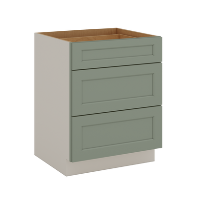 12", 15", 18", 21", 24", 30", 33" & 36" Wide 14SG Sage Green Shaker 1-1/4" Overlay 3 Drawer Base Cabinet