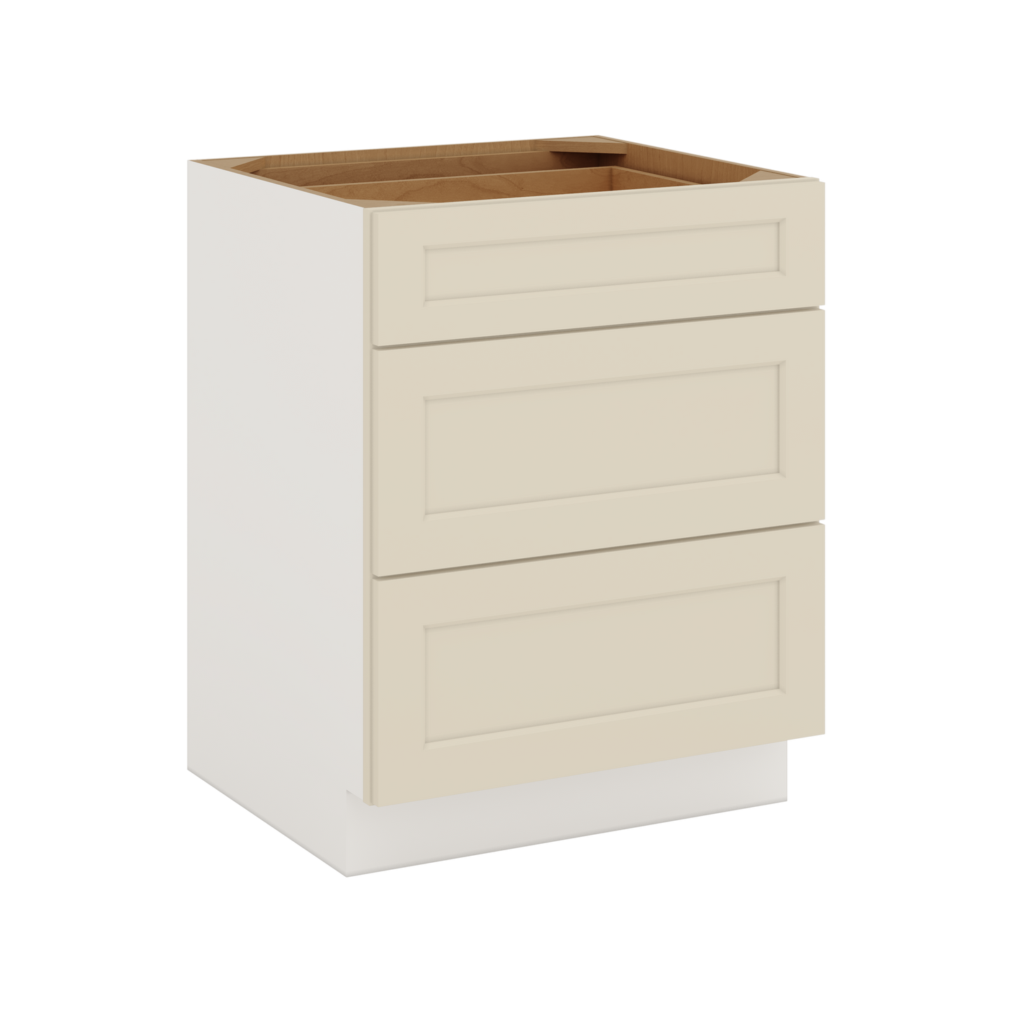 Three Drawer Base Cabinet 12", 15", 18", 21", 24", 27", 30", 33" & 36" Wide Manhattan Cream Shaker 1-1/4" Overlay